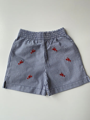 Navy pinstripe shorts with red lobsters