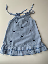 Chambray pinstripe tie dress with royal whales