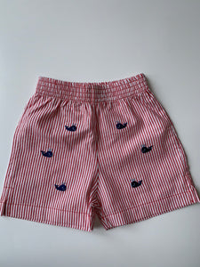 Red pinstripe short with royal whales