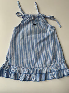 Chambray pinstripe tie dress with royal whales